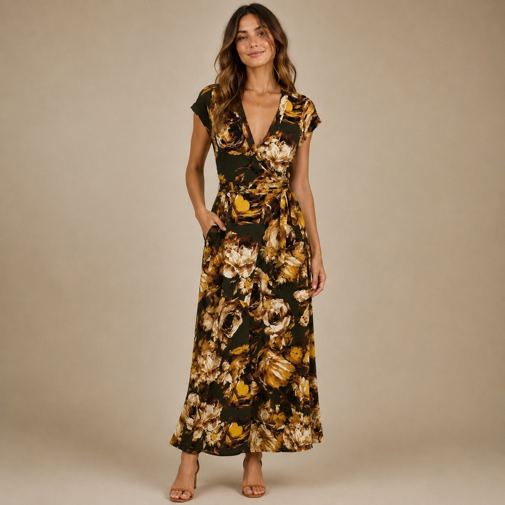 Olivia Matthews Olive Gold Dark Floral Whimsigoth Y2K Wrap Maxi Dress Small